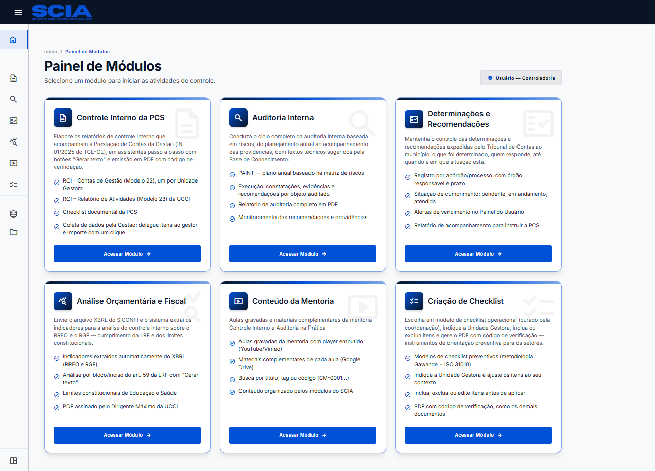 Painel de módulos do Sistema de Controle Interno e Auditoria